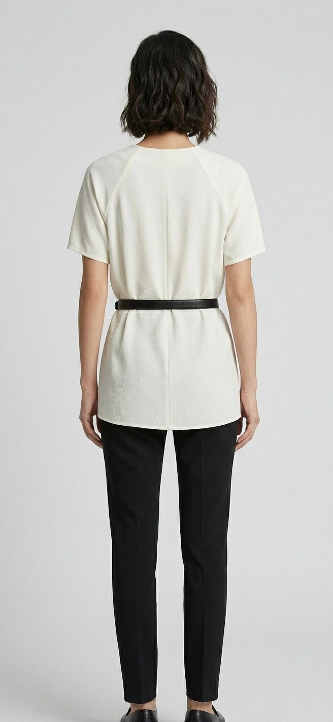 Minimalist V-Neck Elegant Tunic Top – Ivory/Steel Grey