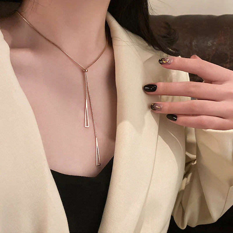 Rose Gold Plated Stainless Steel Geometric Tassel Pull-Out Necklace