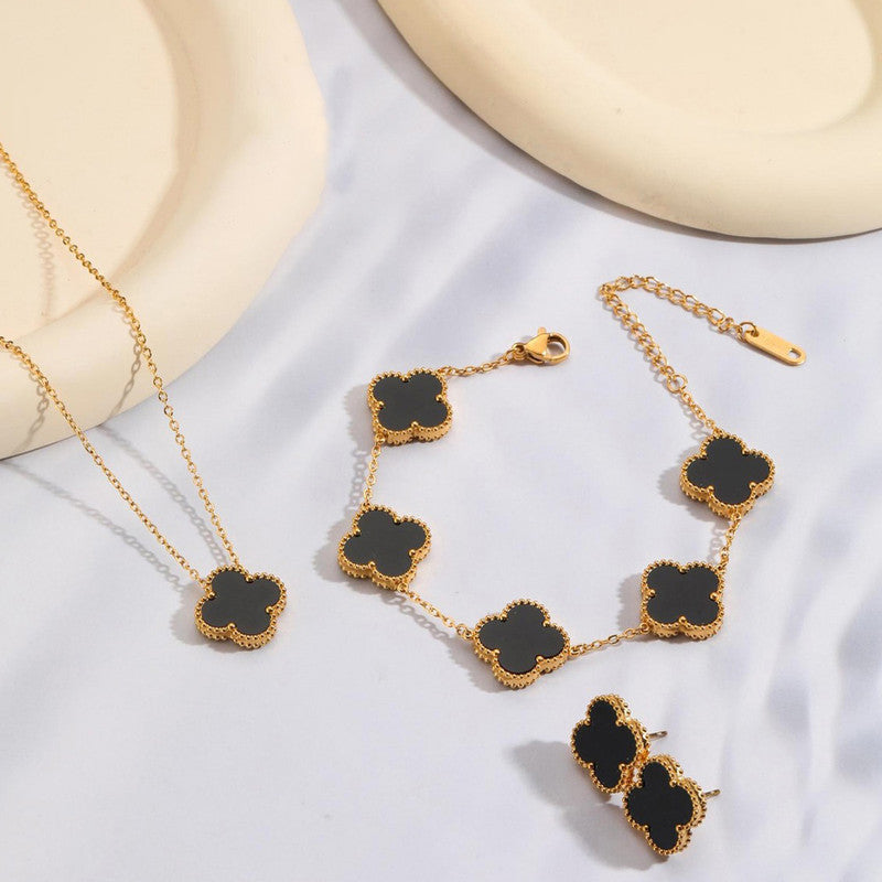 Stainless Steel Gold-Plated Black Clover Jewellery Set – Anti-Tarnish Finish