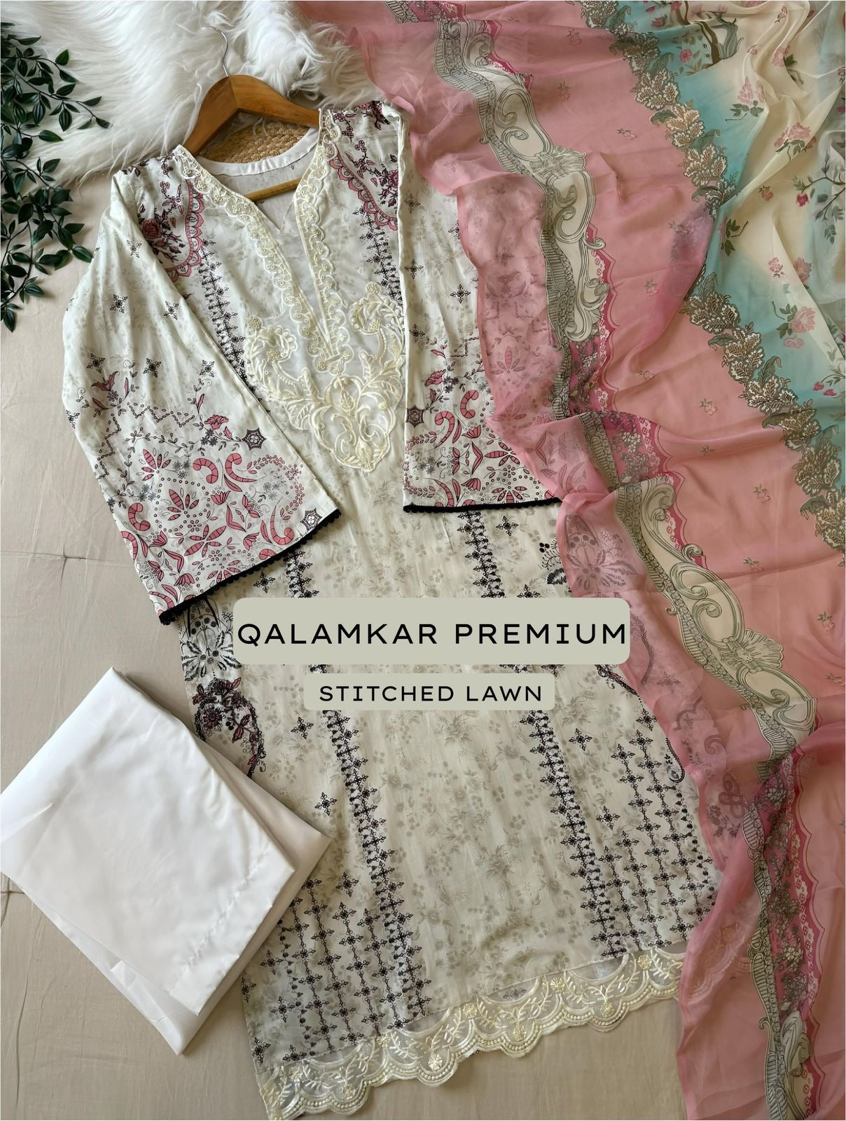 Qalamkar Premium Stitched Lawn Cotton Suit with Embroidery & Printed Dupatta