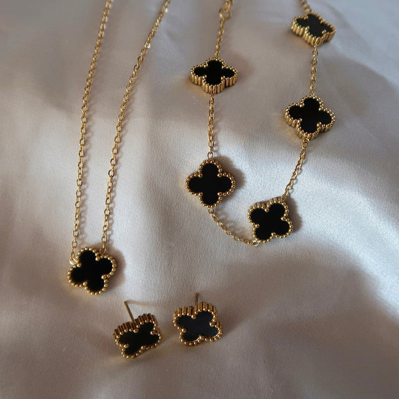 Stainless Steel Gold-Plated Black Clover Jewellery Set – Anti-Tarnish Finish