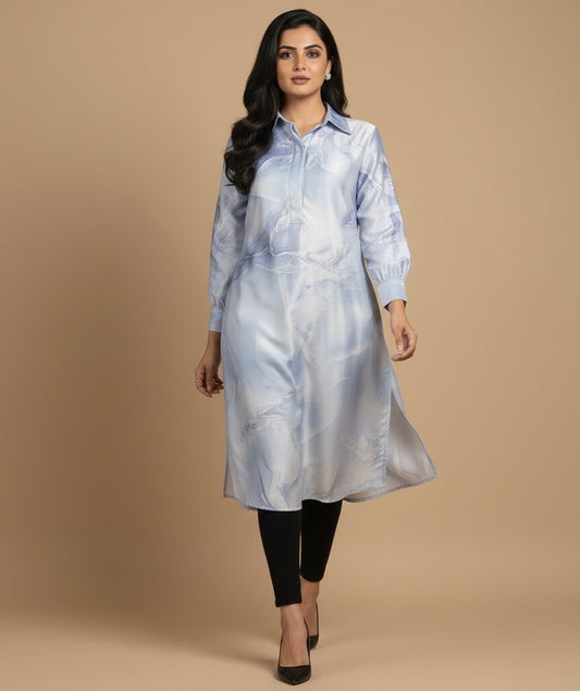 Sky Mist Satin Shirt Long Top