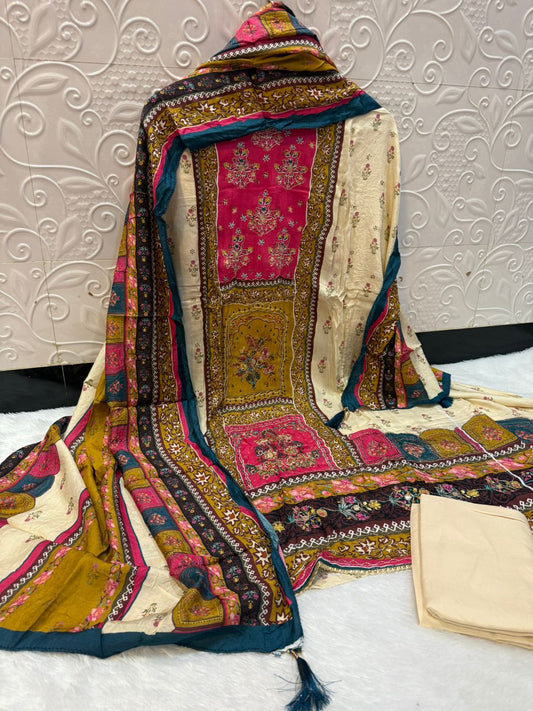 Pure Viscose Maslin Digital Print Non-Stitched 3-Piece Suit Set with Dupatta