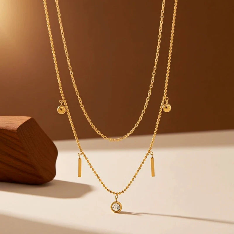 Gold Plated Anti-Tarnish Stainless Steel Geometric Layered Necklace
