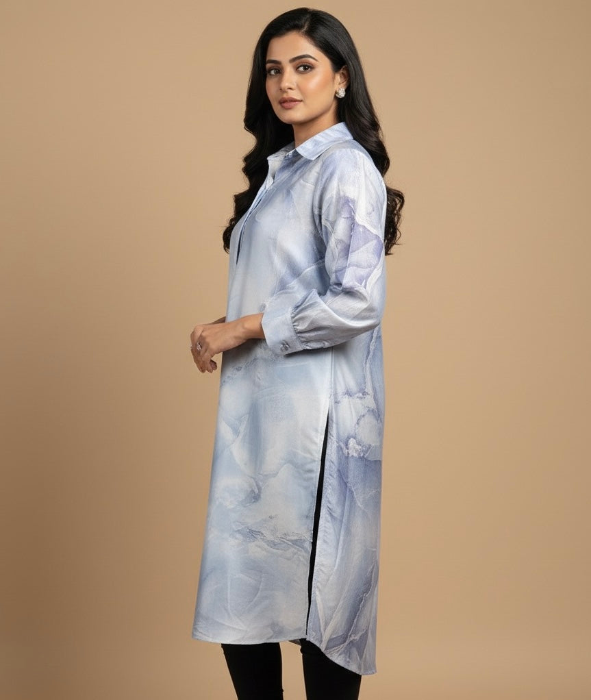 Sky Mist Satin Shirt Long Top
