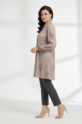Soft Imported Floral Long Top – Beige