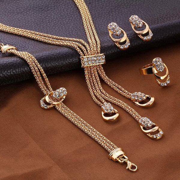 Luxury Gold-Plated Crystal Tassel Jewelry Set for Women | Necklace, Earrings, Bracelet & Ring