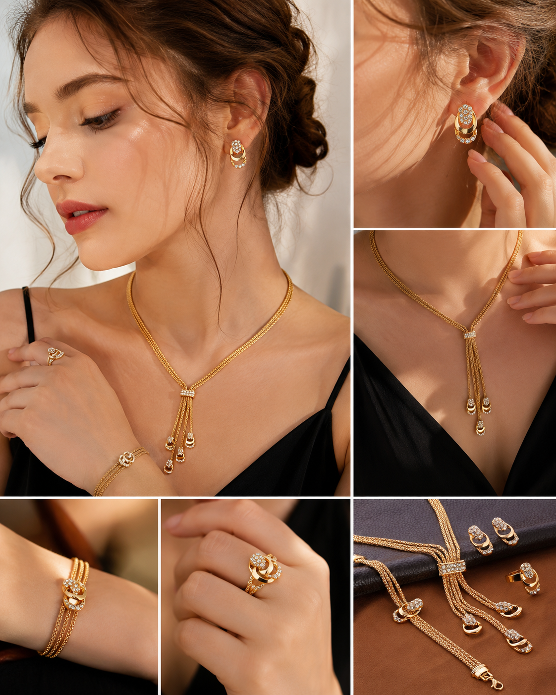 Luxury Gold-Plated Crystal Tassel Jewelry Set for Women | Necklace, Earrings, Bracelet & Ring