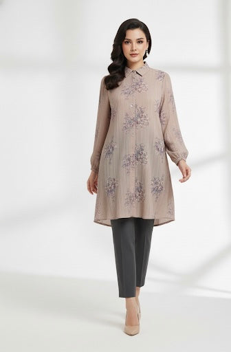 Soft Imported Floral Long Top – Beige