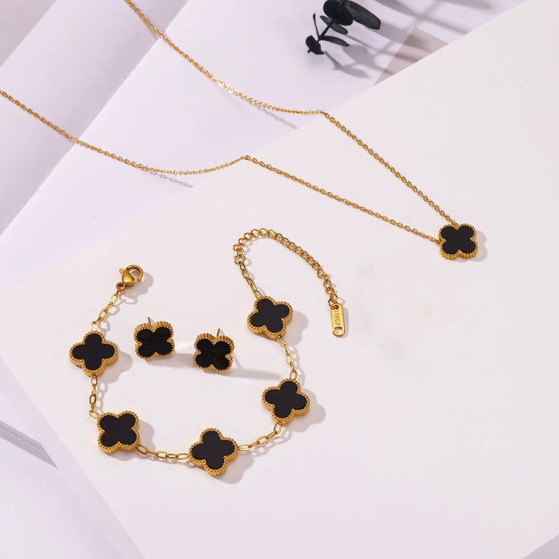 Stainless Steel Gold-Plated Black Clover Jewellery Set – Anti-Tarnish Finish