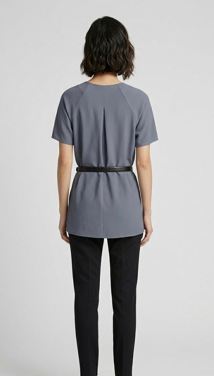 Minimalist V-Neck Elegant Tunic Top – Ivory/Steel Grey