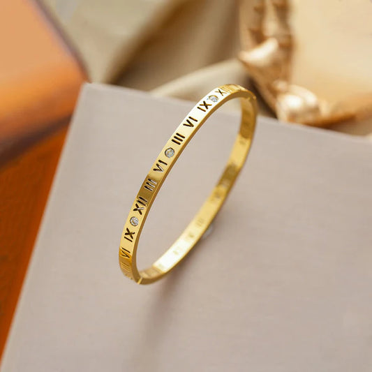 Gold-Plated AD Roman Numerals Anti-Tarnish Bangle Bracelet