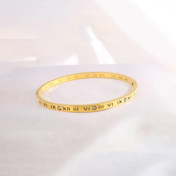 Gold-Plated AD Roman Numerals Anti-Tarnish Bangle Bracelet