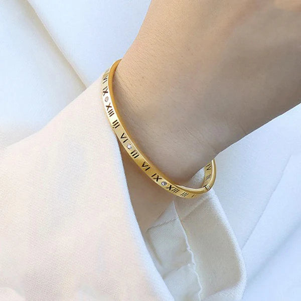 Gold-Plated AD Roman Numerals Anti-Tarnish Bangle Bracelet