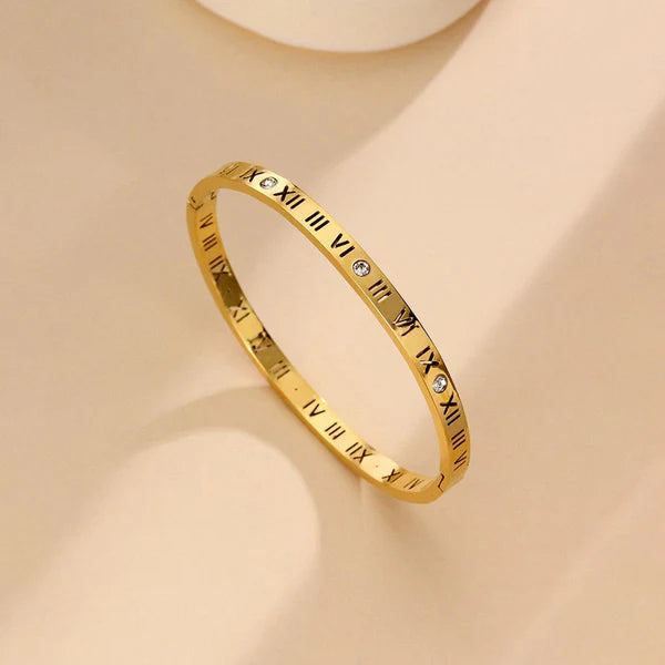 Gold-Plated AD Roman Numerals Anti-Tarnish Bangle Bracelet