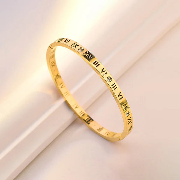 Gold-Plated AD Roman Numerals Anti-Tarnish Bangle Bracelet
