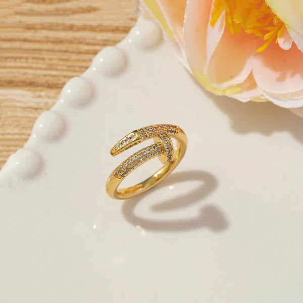 Gold Plated Anti-Tarnish Nail Shaped AD Studded Adjustable Ring