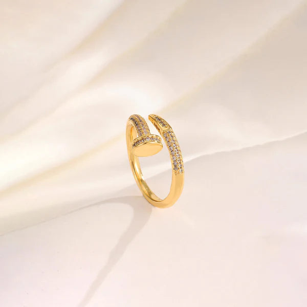 Gold Plated Anti-Tarnish Nail Shaped AD Studded Adjustable Ring
