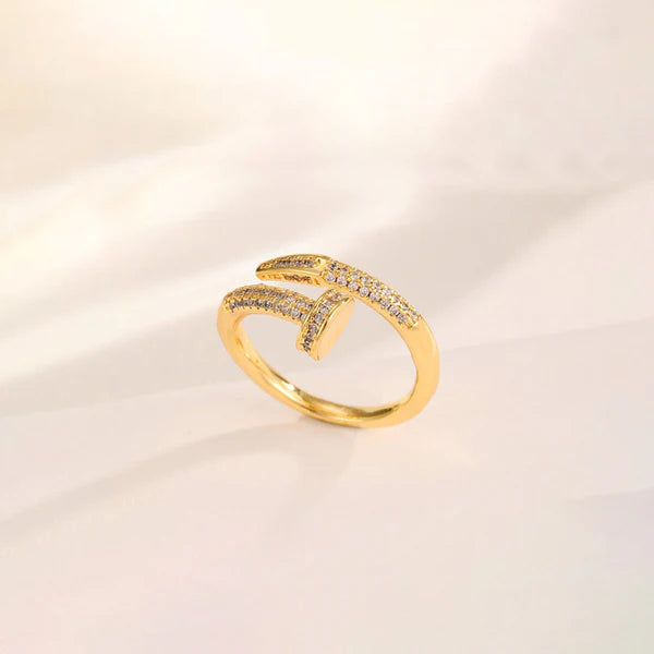 Gold Plated Anti-Tarnish Nail Shaped AD Studded Adjustable Ring