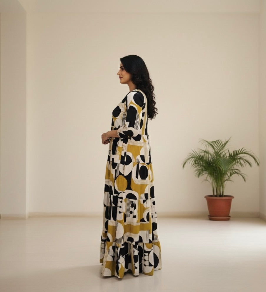 Monochrome Muse: Abstract Maxi Dress