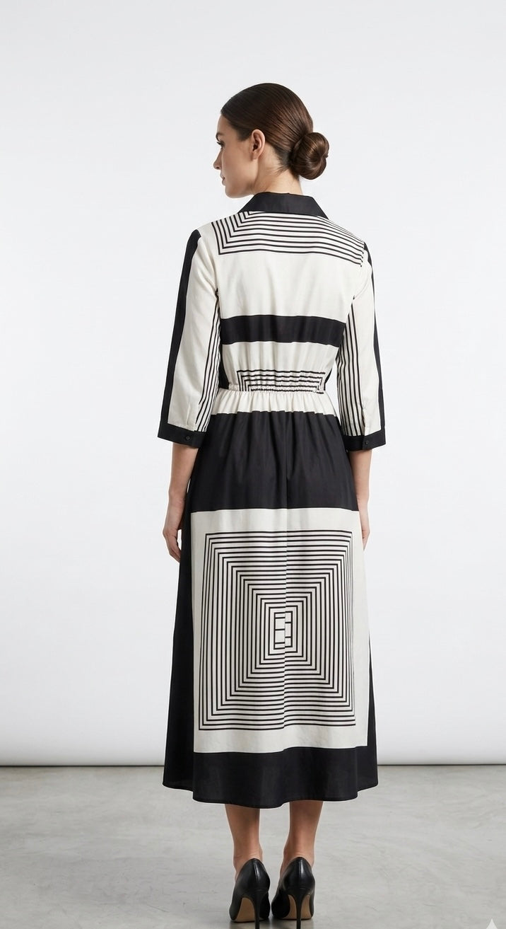 Elegant Geometric Print Designer Dress – Black & Ivory