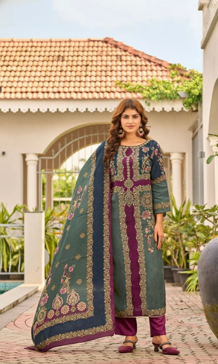Pure Viscose Maslin Digital Print Non-Stitched 3-Piece Suit Set with Handwork
