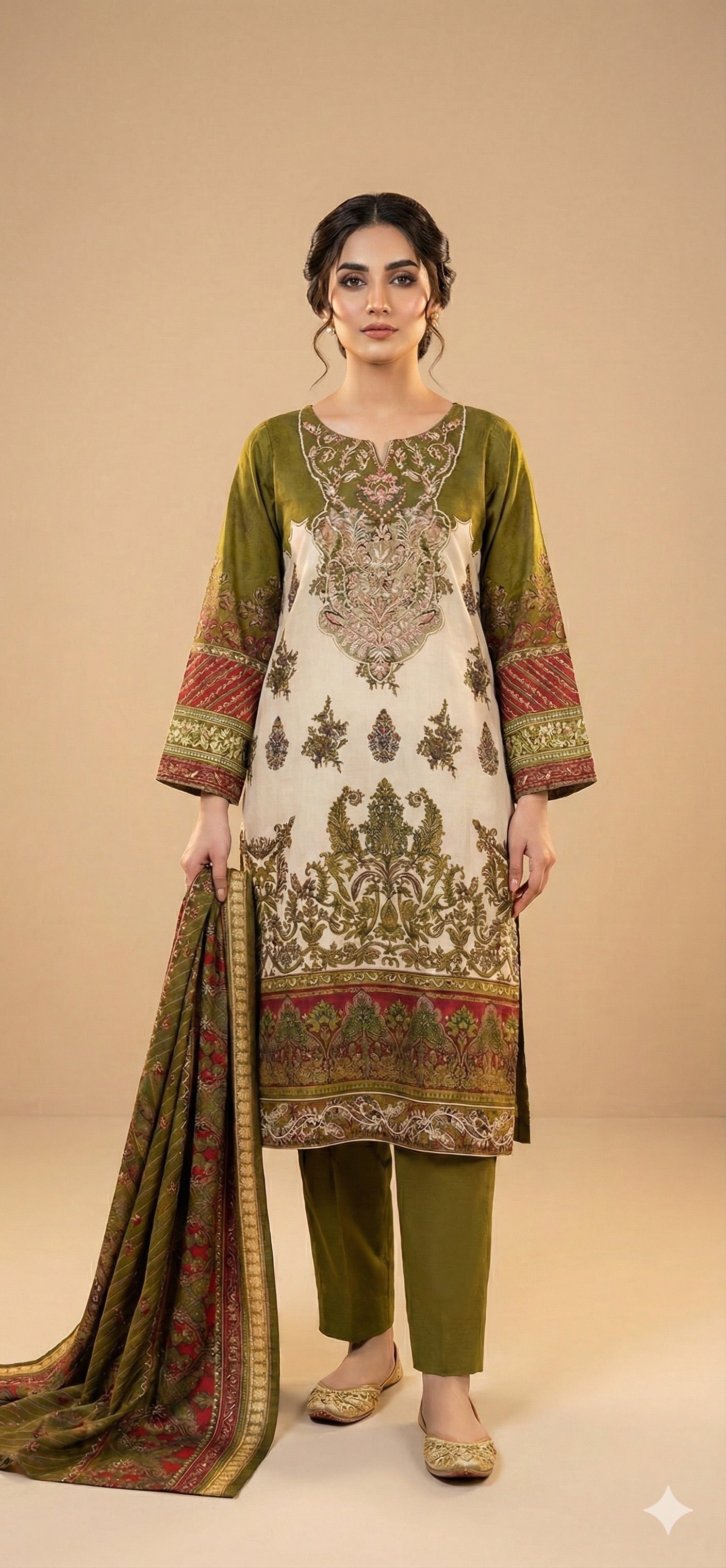 Premium Stitched Pakistani Suit – Cotton with Embroidery & Printed Dupatta chiffon