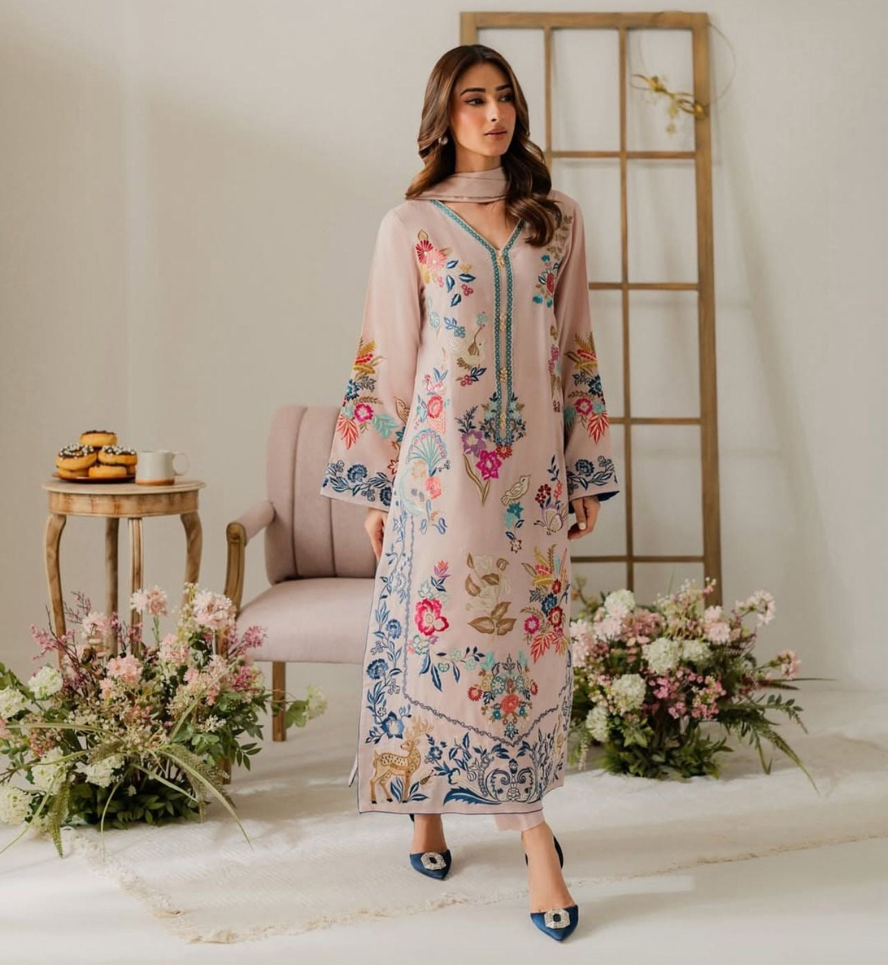 Floral Fusion 3-Piece Printed Suit Set | Cotton Blend Top, Crepe Pants & Chiffon Dupatta