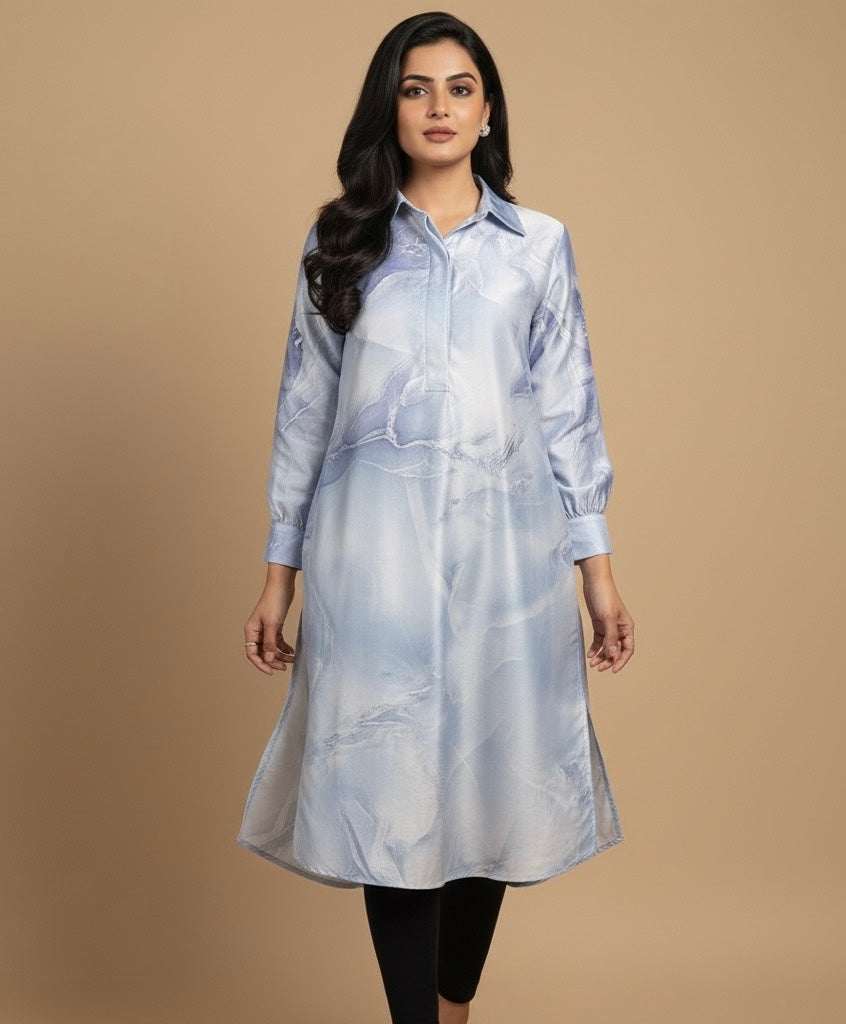 Sky Mist Satin Shirt Long Top