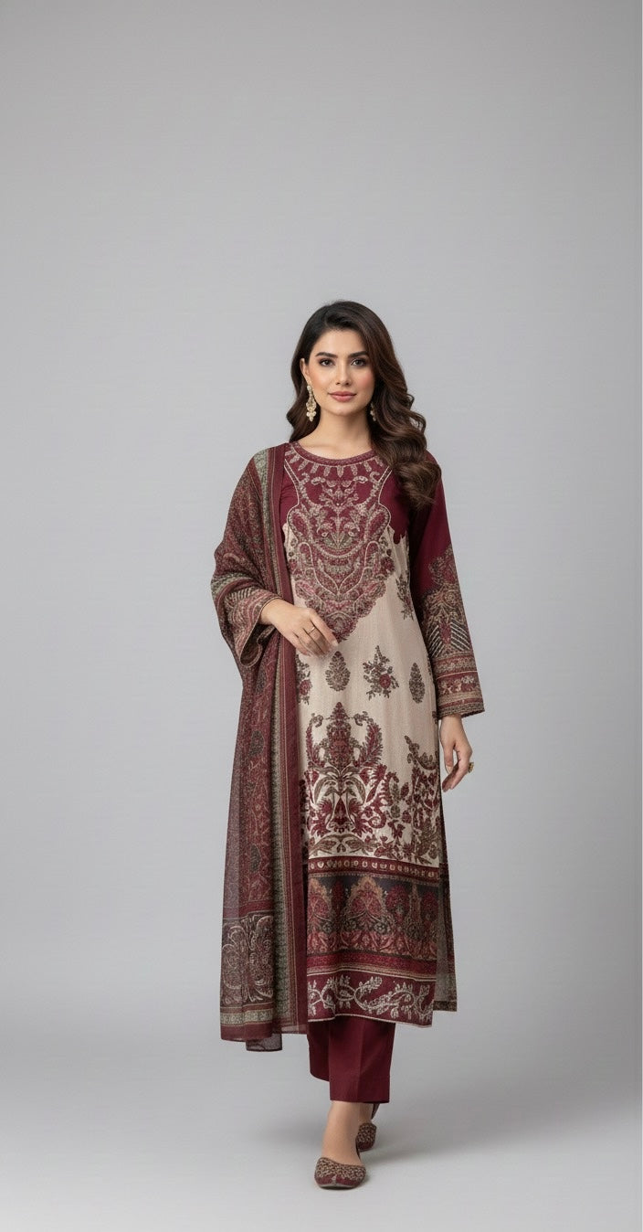 Premium Stitched Pakistani Suit – Cotton with Embroidery & Printed Dupatta chiffon