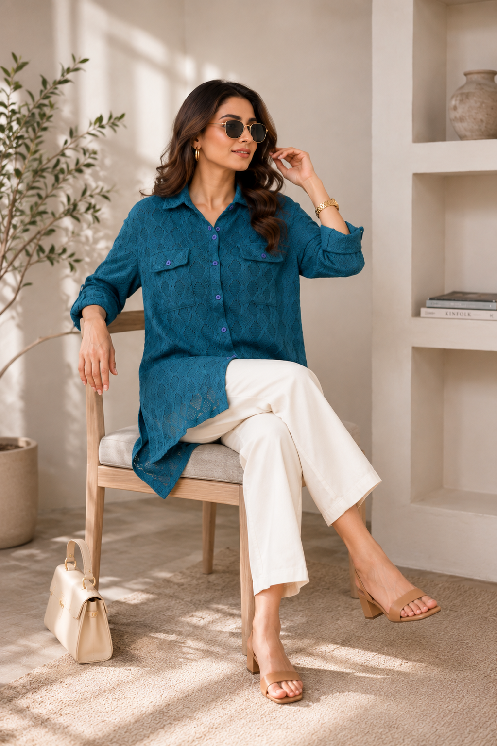Elegant Textured Button-Down Tunic Shirt