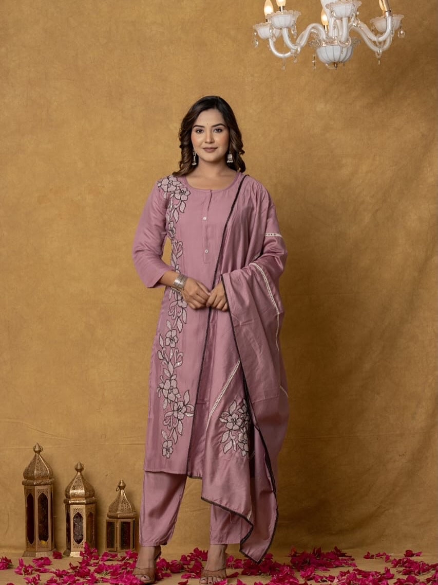 Premium Silk Embroidered Kurti Set with Dupatta