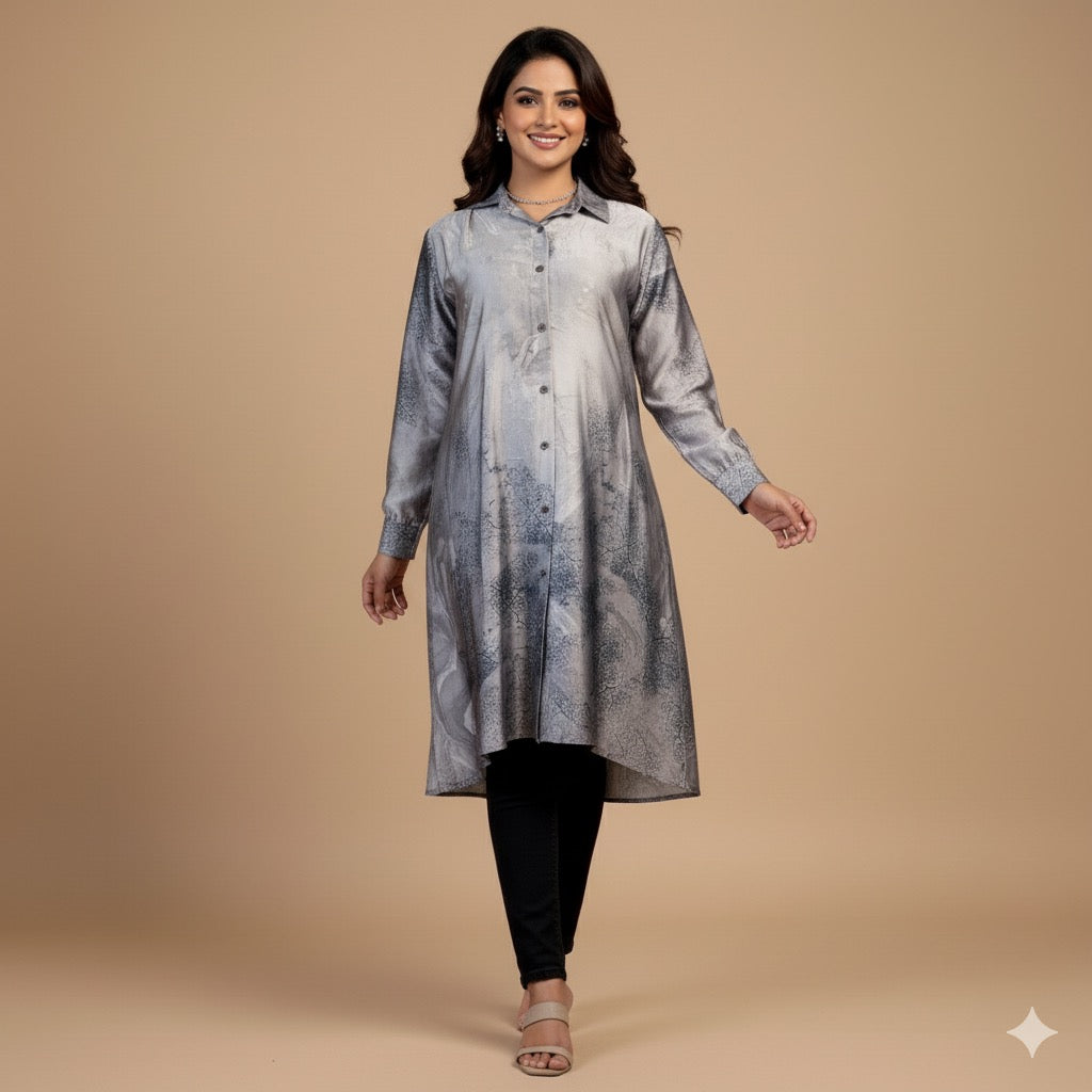 Satin top with easy button access – perfect for nursing moms!