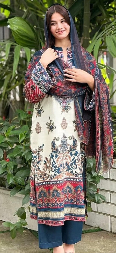 Premium Stitched Pakistani Suit – Cotton with Embroidery & Printed Dupatta chiffon
