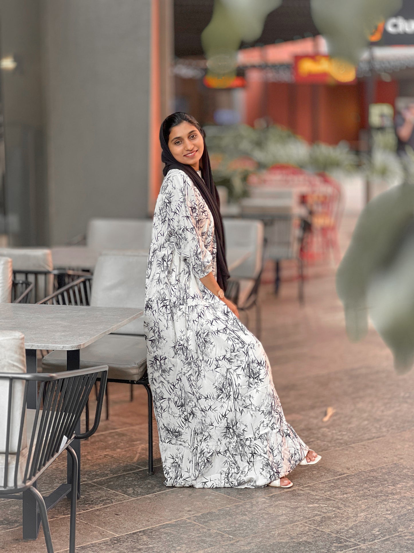 Elegant Bamboo Print Maxi Dress – Black & White
