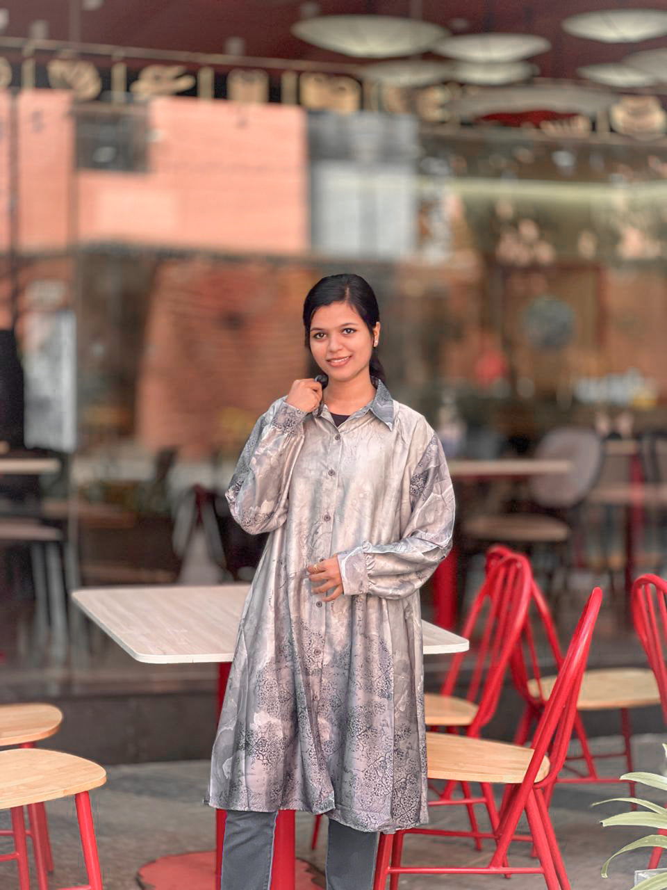 Elegant Silver-Grey Satin Shirt Dress