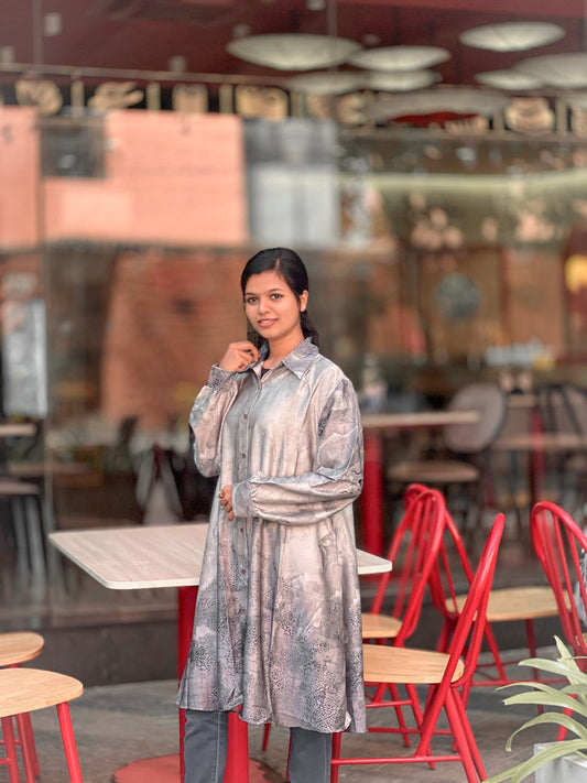 Elegant Silver-Grey Satin Shirt Dress