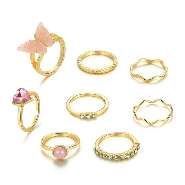 Gold-Plated Pink Stone & Butterfly Stackable Ring Set – 8 Pieces