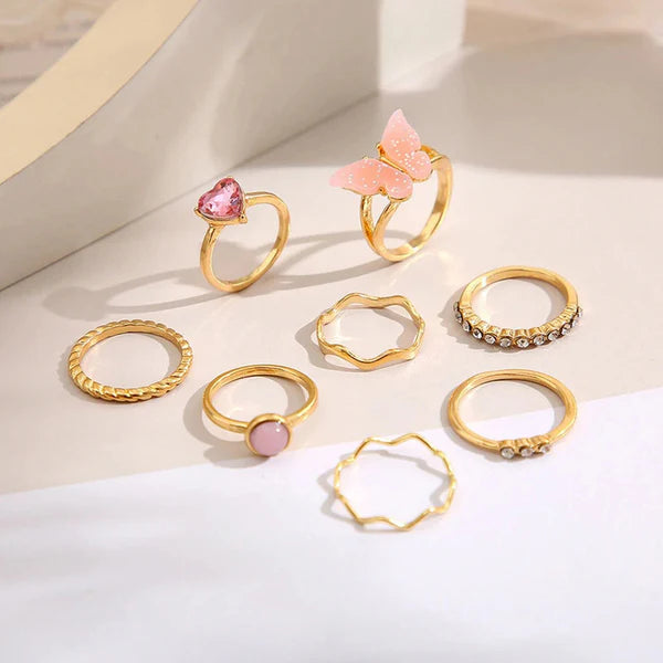 Gold-Plated Pink Stone & Butterfly Stackable Ring Set – 8 Pieces