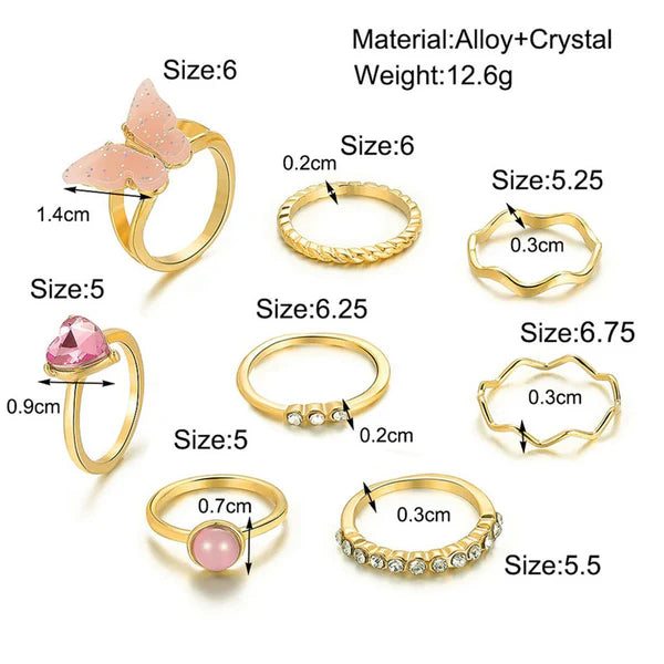 Gold-Plated Pink Stone & Butterfly Stackable Ring Set – 8 Pieces